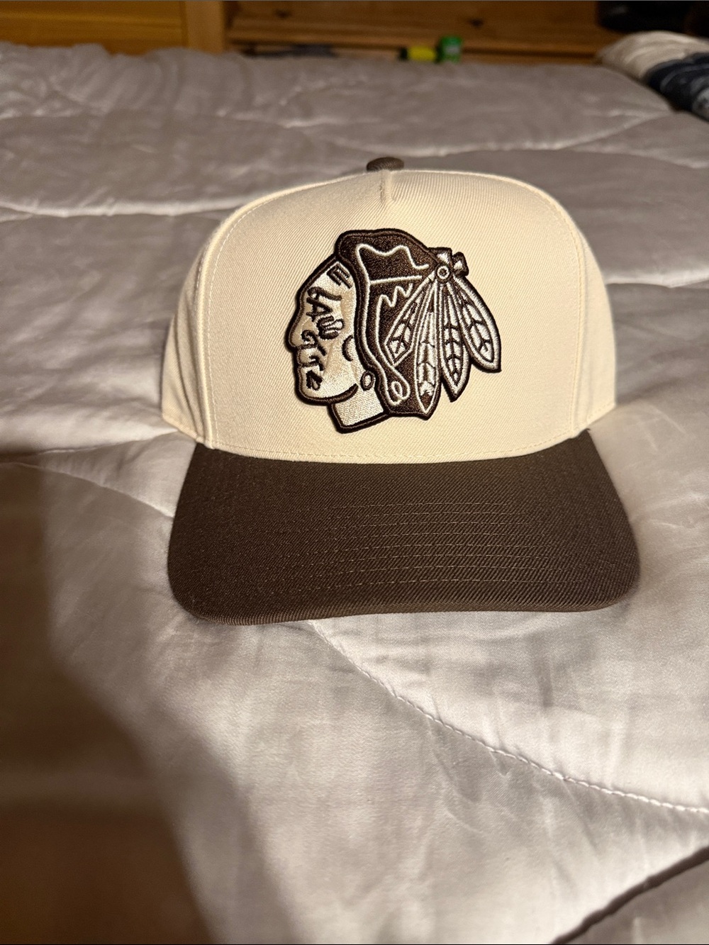 Cream and Brown Embroidered Chicago blackhawks cap - Men Accessories